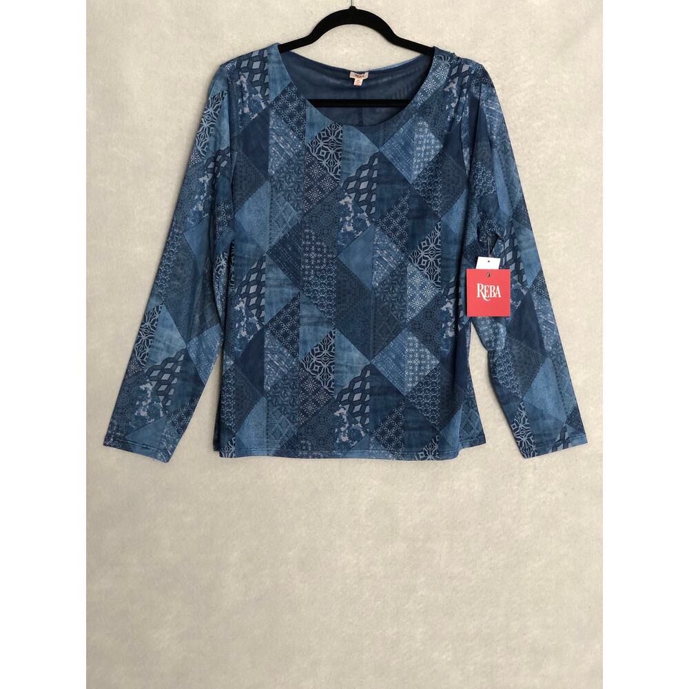 Reba Sheer Patchwork Top Women's Large Long Sleeve Blue NEW